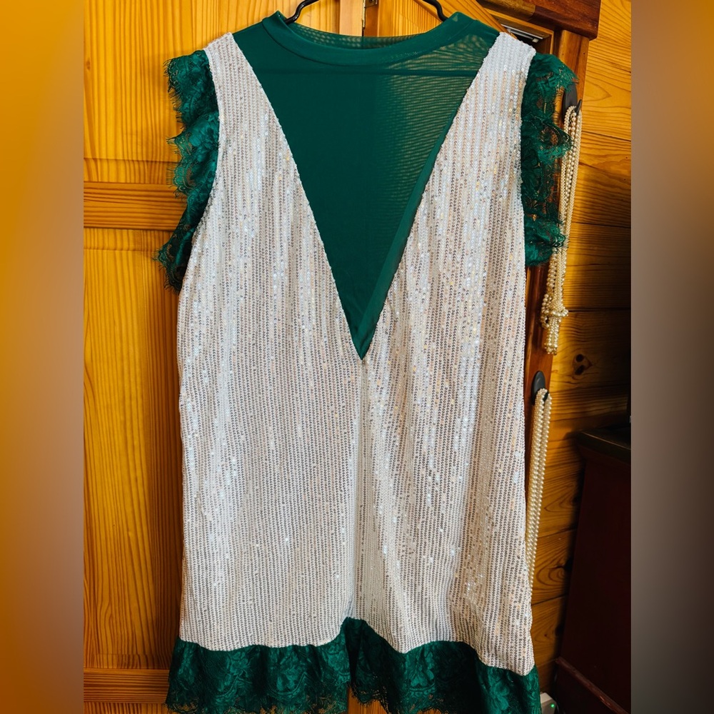 Elegant Green Net and White Sequin Dress